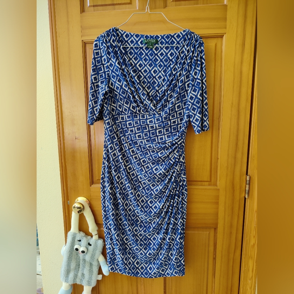 Ralph Lauren Blue and White Ruched Wrap Midi Dress